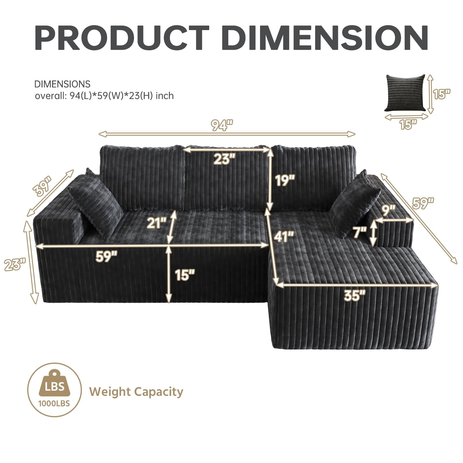 YVDNHP Modular Cloud Sofa - No Assembly Required, 94" Oversized L-Shaped Sectional with Chaise, Flannel Fabric Deep Seating Couch for Living Room