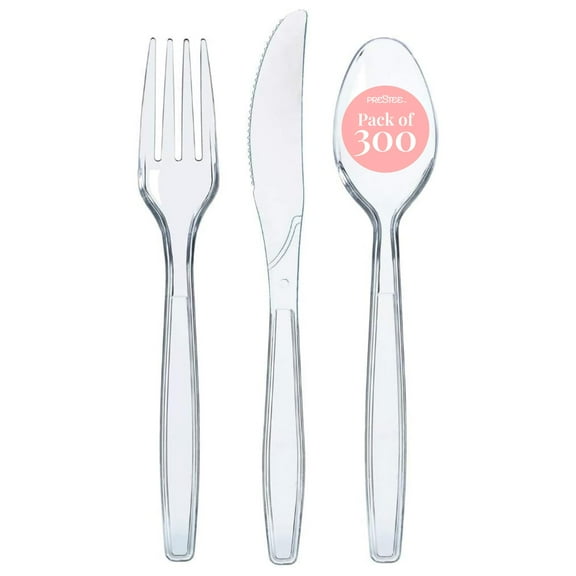 Prestee 300-Piece Plastic Cutlery Set - 100 Each of Clear Plastic Forks, Knives, Spoons - Heavy Duty Silverware for Parties - Disposable Utensils for Weddings and Buffets