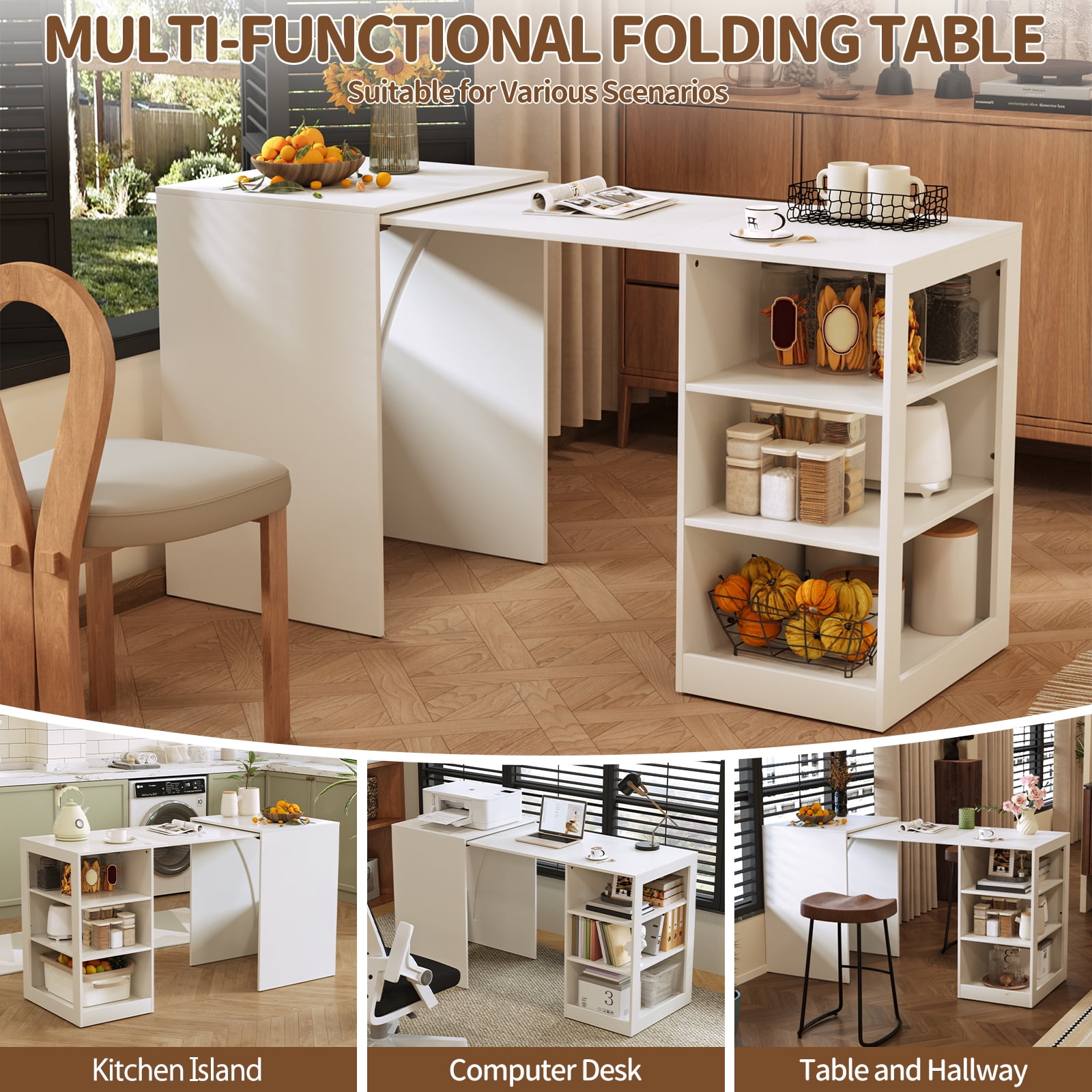 3-Tier Foldable Desk with Wheels, Multipurpose Rolling Computer Table for Home Office, Space-Saving Pull Out Desk for Small Spaces, Kitchen, Bedroom, White