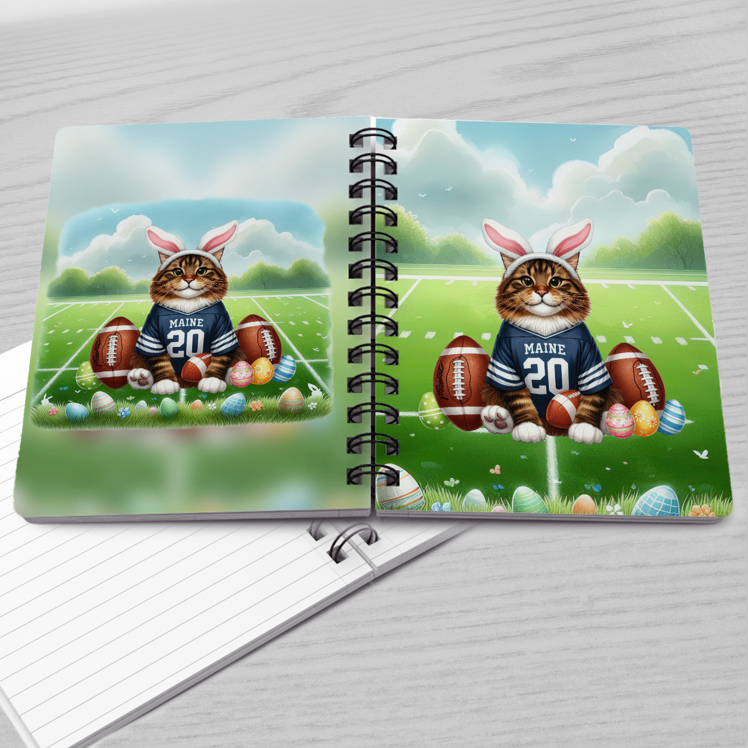 Happy Easter Hello Spring Maine Coon Playing Football Spiral Bound Journal Cat Lover Kitten Owner Gifts 5x7in Spiral Notebook - 13003