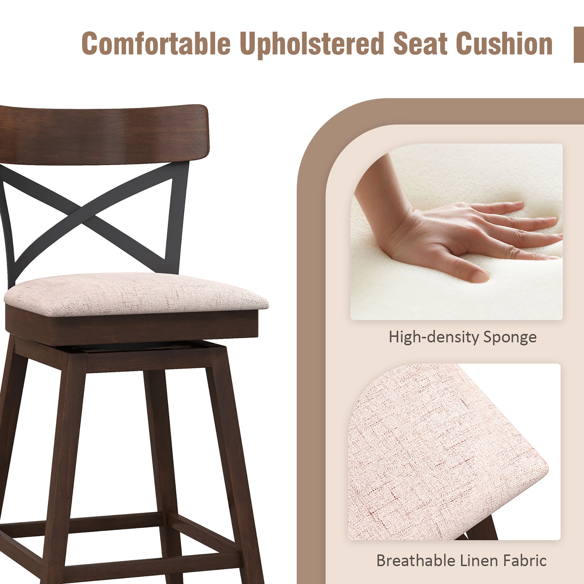 Costway Wooden Swivel Upholstered Counter Height Backrest Bar Stools Brown (Set of 2)