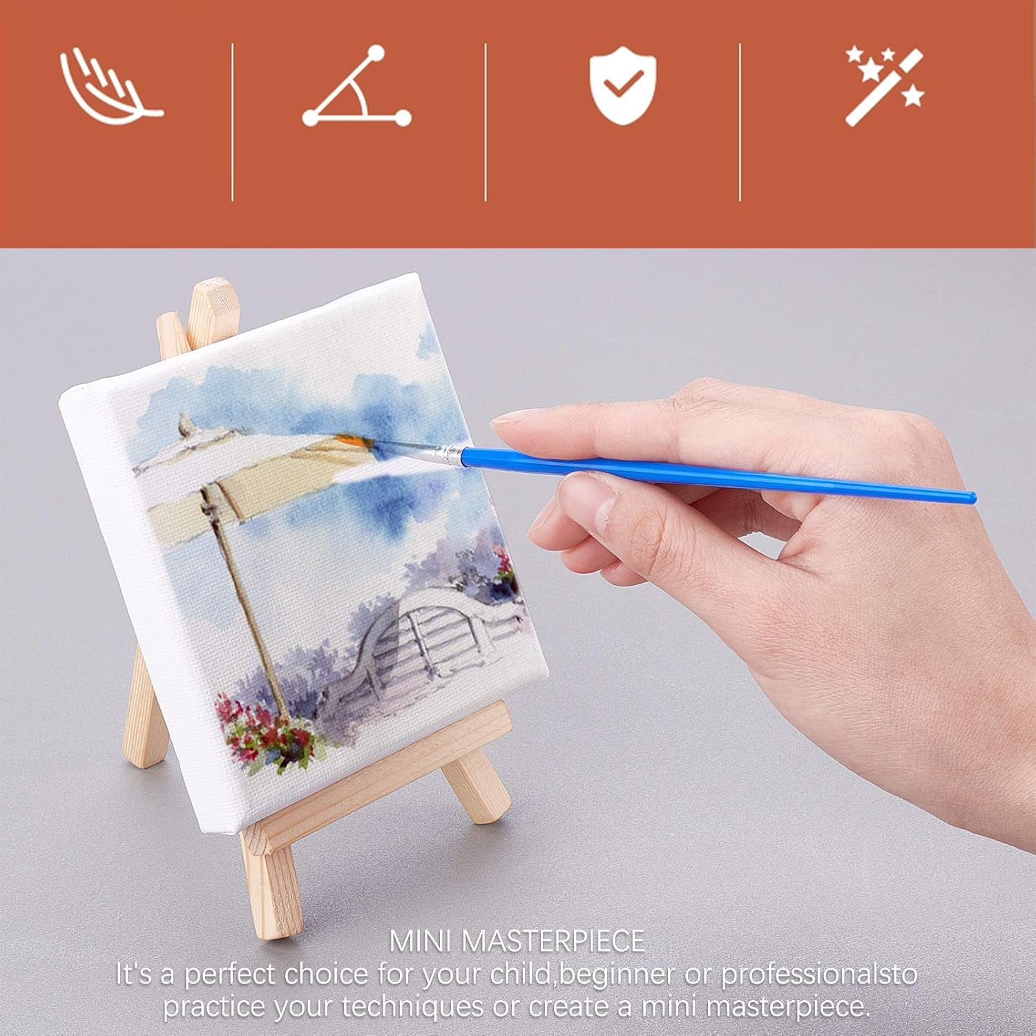 Mini Canvas Paint Set Supplies 12 Pcs Mini Canvas with Easel and 6 Pcs Art Brushes Pen for Painting Craft Drawing 10.5x11.5x1.6cm DIY Making
