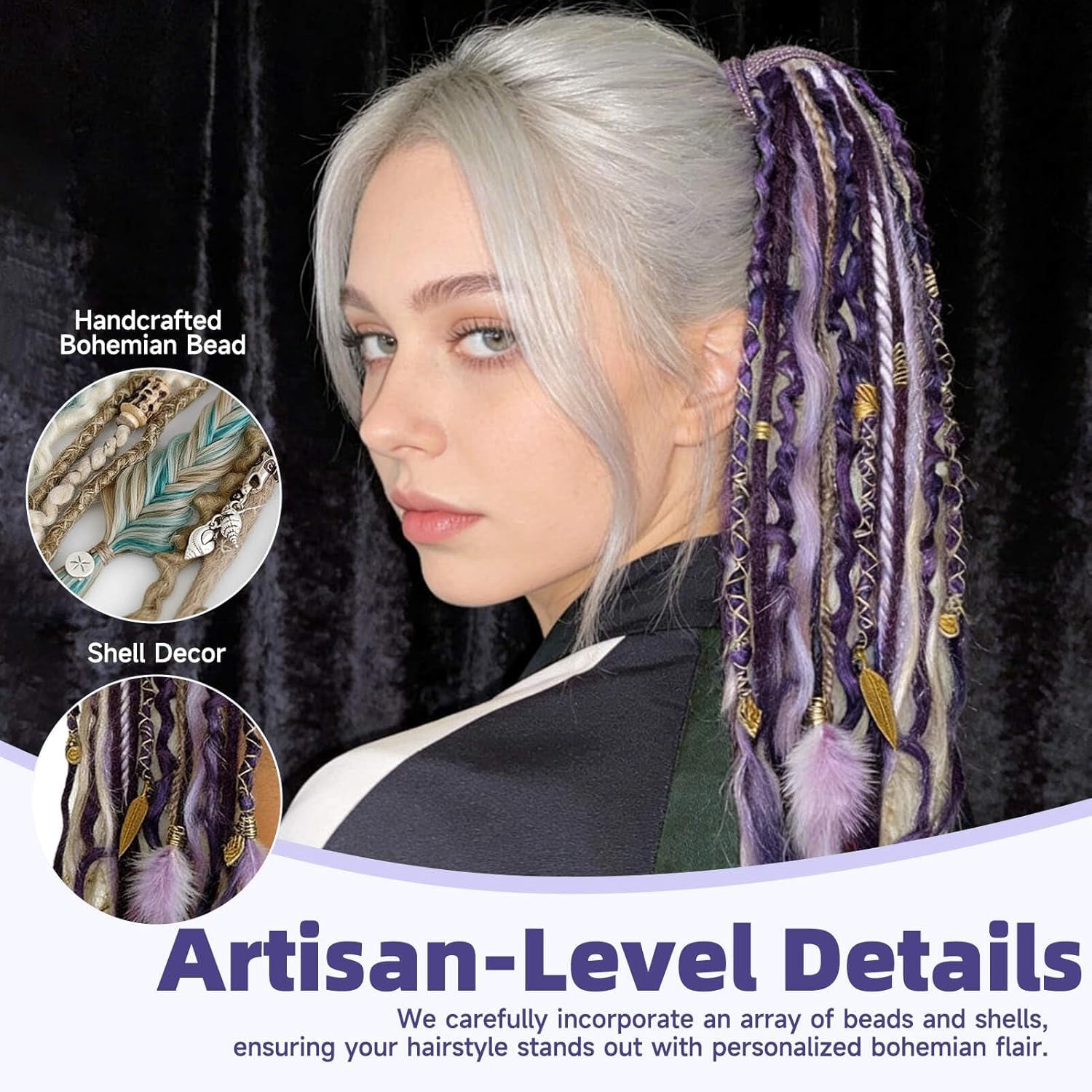 Elastic Dread Ponytail-22 Inch Hand-Woven Lightweight Style with Beads. Quick-Wear Hair Extensions Create Bold Boho Style, Great as a Braided Ponytail or Dreadlocks Ponytail for Festival & Daily