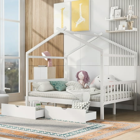 EUROCO Full Size House Bed with Two Drawers for Kids  Solid Wood Platform Bed for Living Room  White