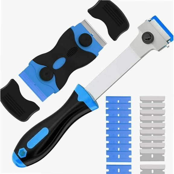 Glass Scraper and Long Handle Scraper, 2Pcs Razor Blade Scraper with 10Pcs Metal Blades 10Pcs Plastic Blades, Razor Scraper Tool Set for Glass Window Stickers Decal Labels Paint Cooktop