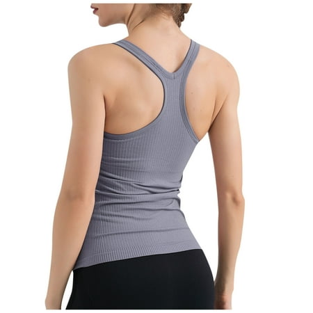 Spandex Rib Tank Top Built in Bra Women Sleeveless Racerback Padded Workout Yoga Tanks Casual Summer Clothes (Small  Gray)