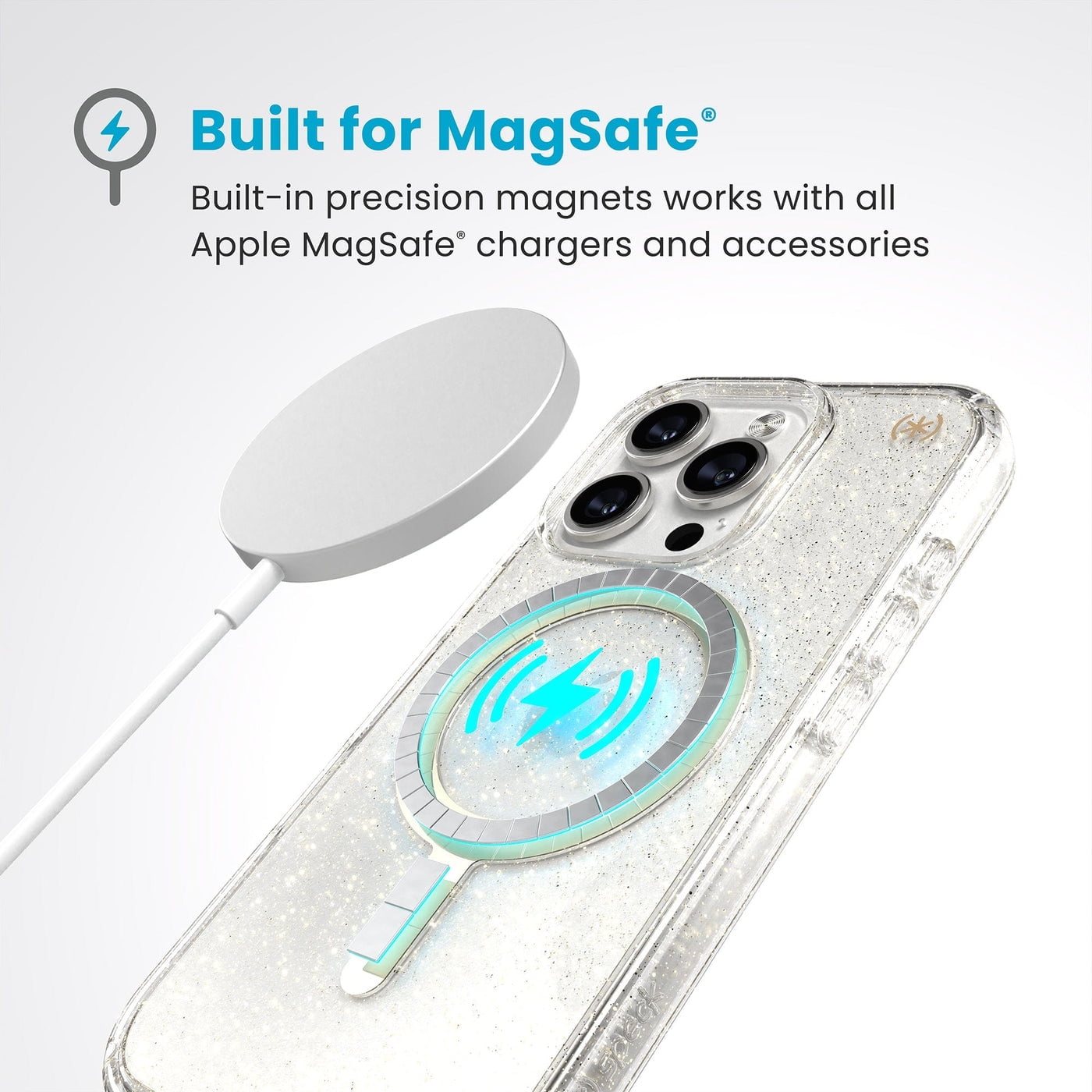 Speck Presidio Lux Glitter MagSafe Case for Apple iPhone 16 Pro, Clear/Gold Glitter