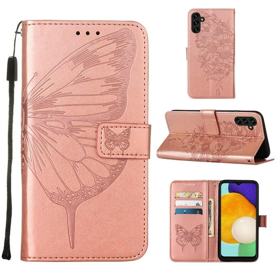 SaniMore Case for Samsung Galaxy A35 (2023), PU Leather Full-body Protective Cover with Luxury Embossed Butterfly [Wrist Strap & Card Slots & Flip Kickstand] Shockproof Wallet Cover, Rosegold