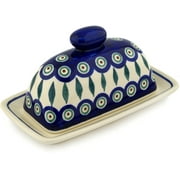Polish Pottery 7½-inch Butter Dish (Peacock Leaves Theme) Hand Painted in Boleslawiec, Poland   Certificate of Authenticity