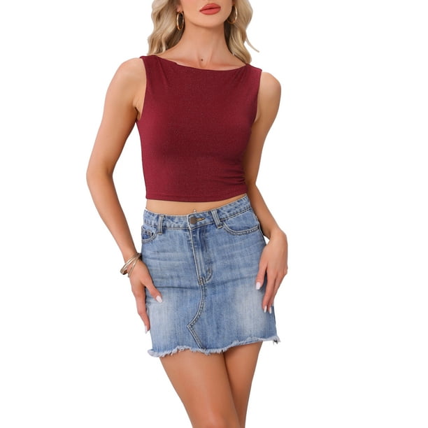 INSPIRAR CHIC Top Corto de Mujer con Hilos Metálicos de Color Sólido Cuello Barco Sin Mangas Talla M Rojo Vino