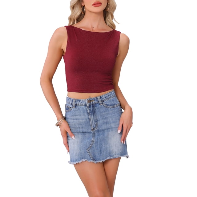 INSPIRAR CHIC Top Corto de Mujer con Hilos Metálicos de Color Sólido Cuello Barco Sin Mangas Talla M Rojo Vino