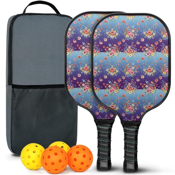 Pickleball Paddles Set,Pioneer Flower Floral Print Pattern Fiberglass Surface Pickleball Racket Set with 2 Indoor Outdoor Pickleball Balls and Pickleball Bag,Pickle-ball Equipment