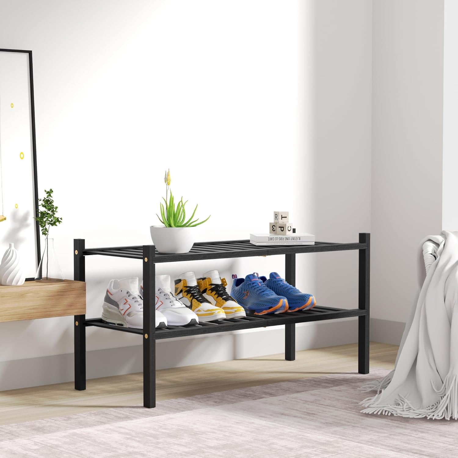 3 Tier Bamboo Shoe Rack for Closet Free Standing Wood Shoe Shelf Storage Organizer for Entryway Small Space Stackable 27"x11"x20" (Black)