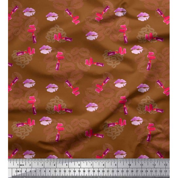 Soimoi Brown Cotton Voile Fabric Lips & Lipstick Fashion Fabric Prints By Yard 42 Inch Wide