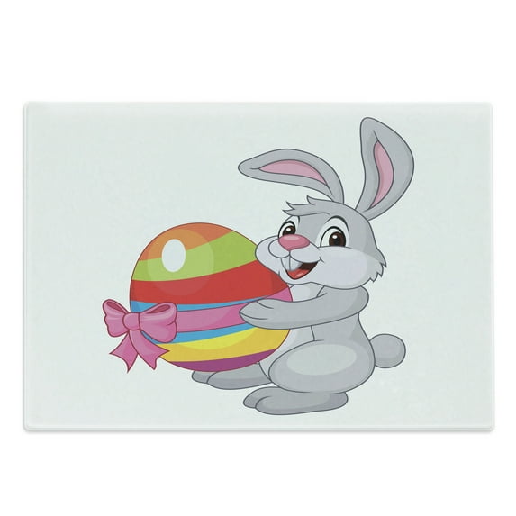 Easter Cutting Board, Cartoon Rabbit Holding a Colorful Striped Egg with a Ribbon Easter Animal Fun, Decorative Tempered Glass Cutting and Serving Board, Large Size, Multicolor, by Ambesonne