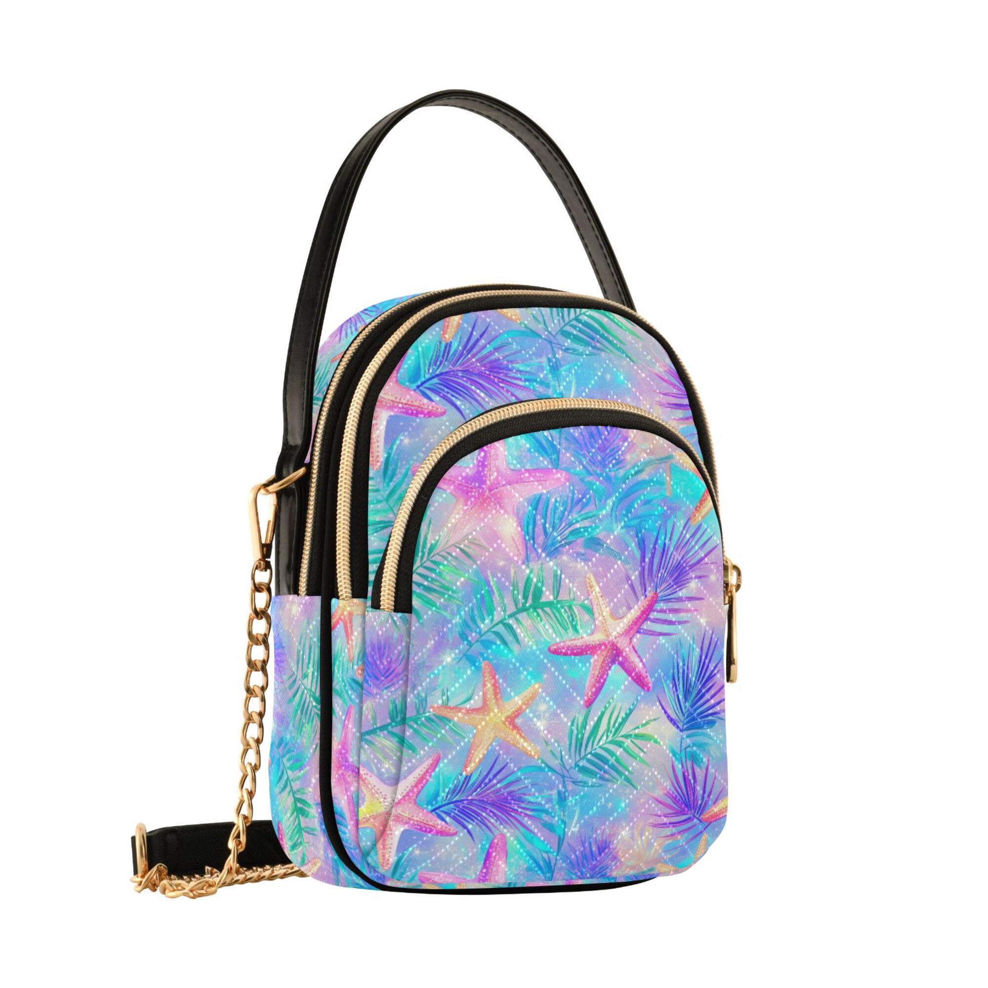 FORMRS Crossbody Bag for Women Quilted Travel Shoulder Cell Phone Purse with Chain Strap Handbag, Neon Starfish Pattern