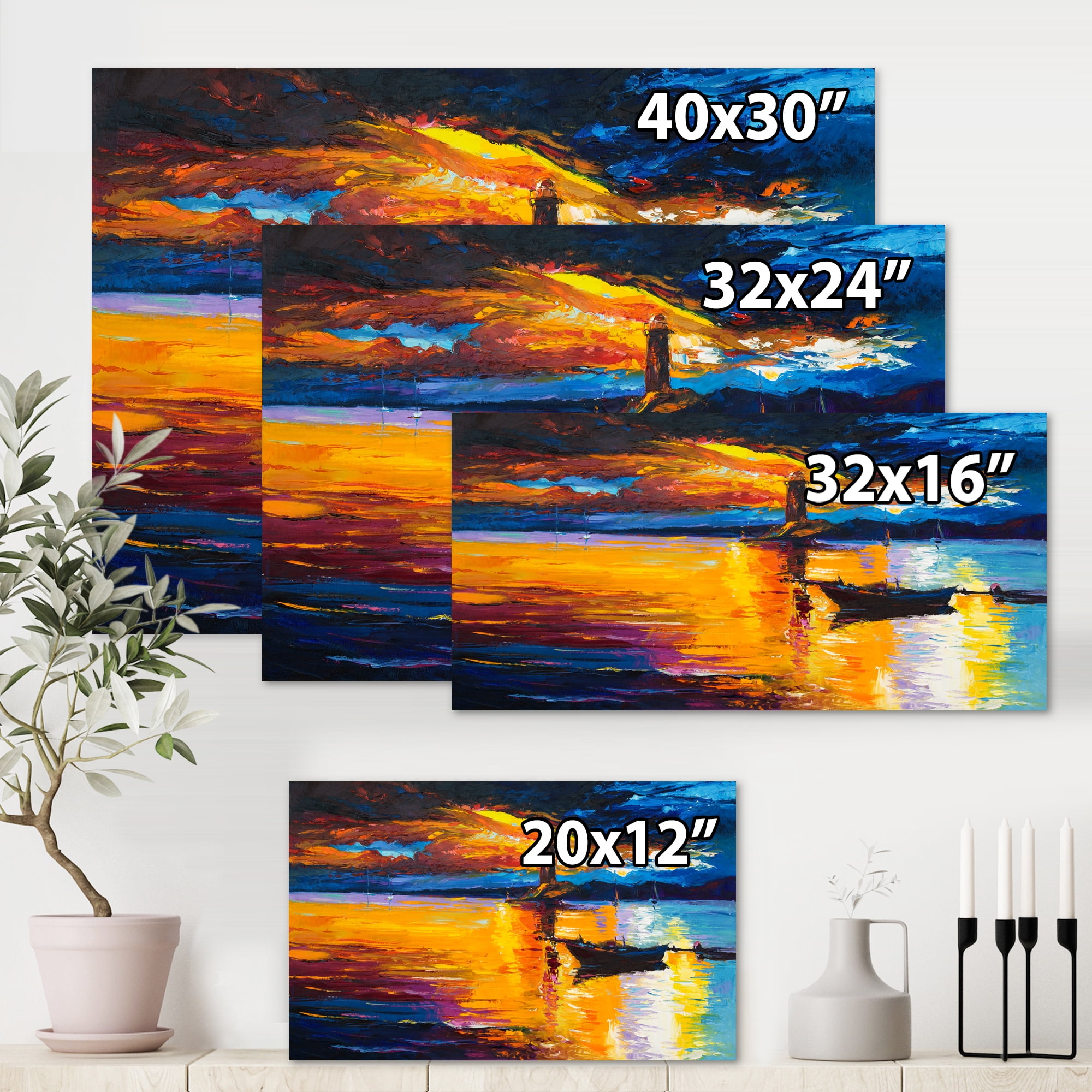 Designart ' Little Boat By Lighthouse During Evening Glow ' Nautical & Coastal Canvas Wall Art Print