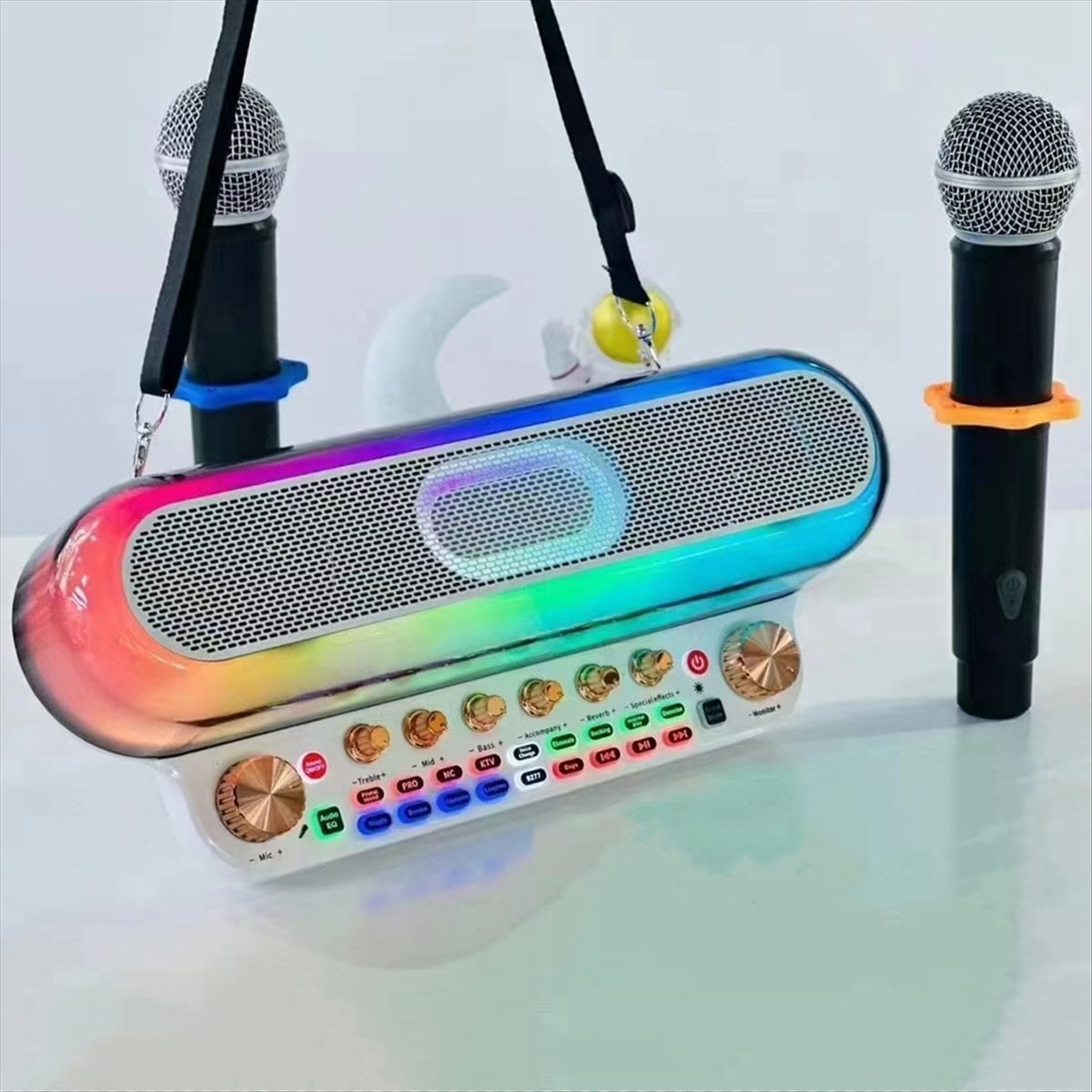 Portable Loud Karaoke Speaker with Two Mic Wireless Bluetooth Sound Card Speaker All-In-1 Sound Card for FamilyKTV Black