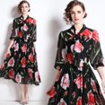 thumbnail image 1 of Dropshipping Nouvelle Robe Midi Décontractée d'Été Automne Imprimé Fruits Nœud Papillon Col Foulard Manches 3/4 Taille Empire Femmes Soirée Plage, 1 of 7