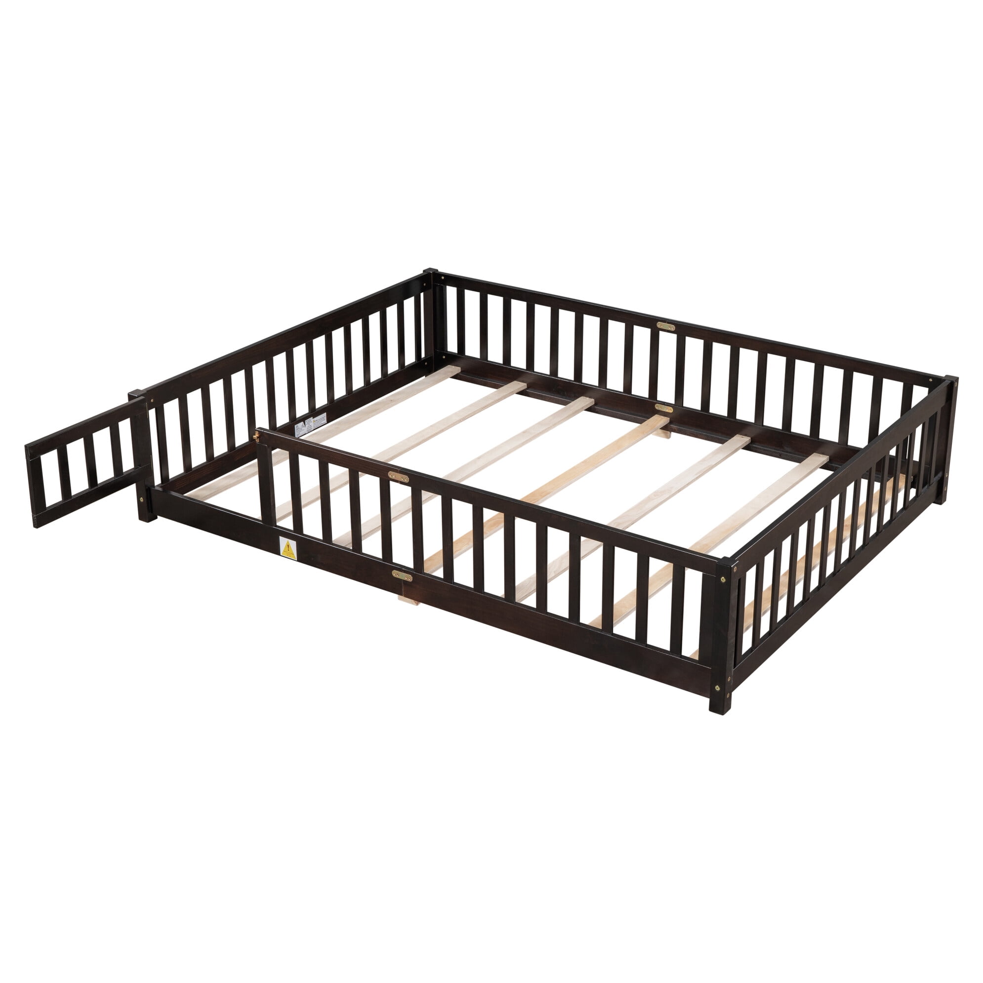 Queen Size Floor Bed with Fence for Kids, Wood Montessori Toddler Bed Frame with Door and Slats Support, Queen Size Platform for Girls and Boys, Espresso