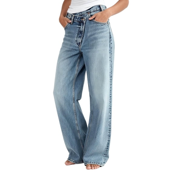 Costeam Womens Cross Waist High Waist Wide Leg Jeans Vintage Washed Denim Pants Button Zipper Fly with Pockets Casual Loose Fit Full Length Trousers