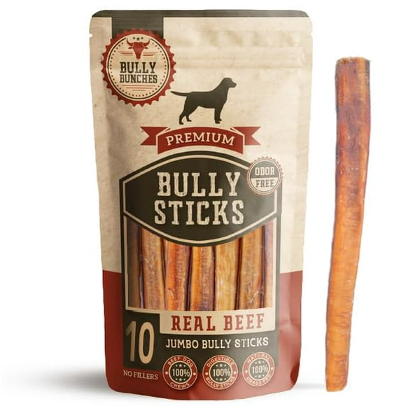 Bully Bunches Bâtonnets de Bully Premium 12 Pouces Sans Odeur pour Chiens Moyens et Grands - Friandises Longue Durée pour Soins Bucco-Dentaires - Ingrédient Unique, 100 % Bœuf