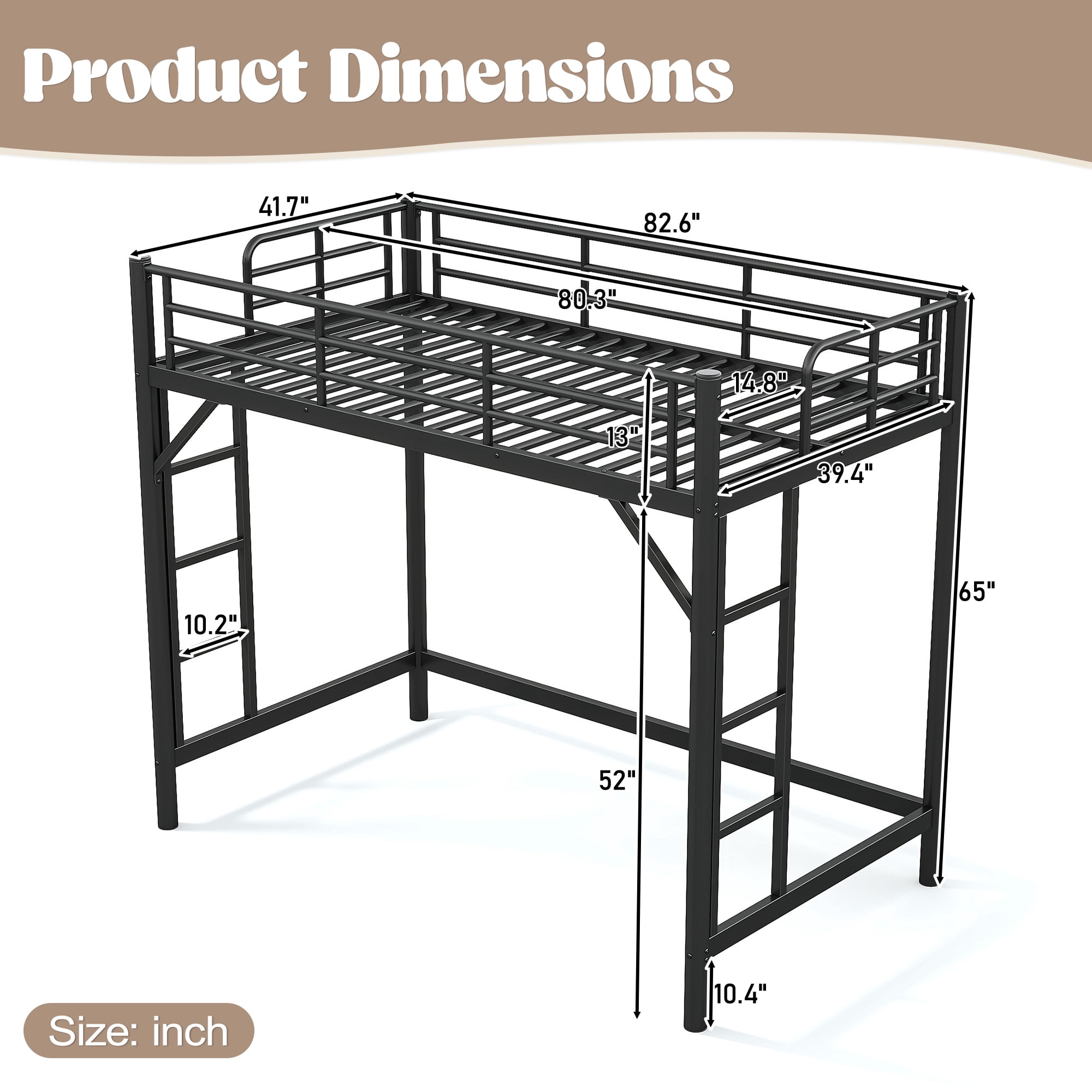 Mintazer Twin XL Metal Loft Bed Frame with Side Ladders & Guardrails for Teens Adults, No Box Spring Needed, Black