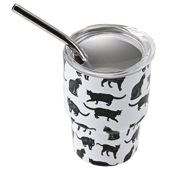 Cook with Color 5 oz Double-Wall Stainless Steel Insulated Mini Tumbler with Lid and Straw, Cat Design