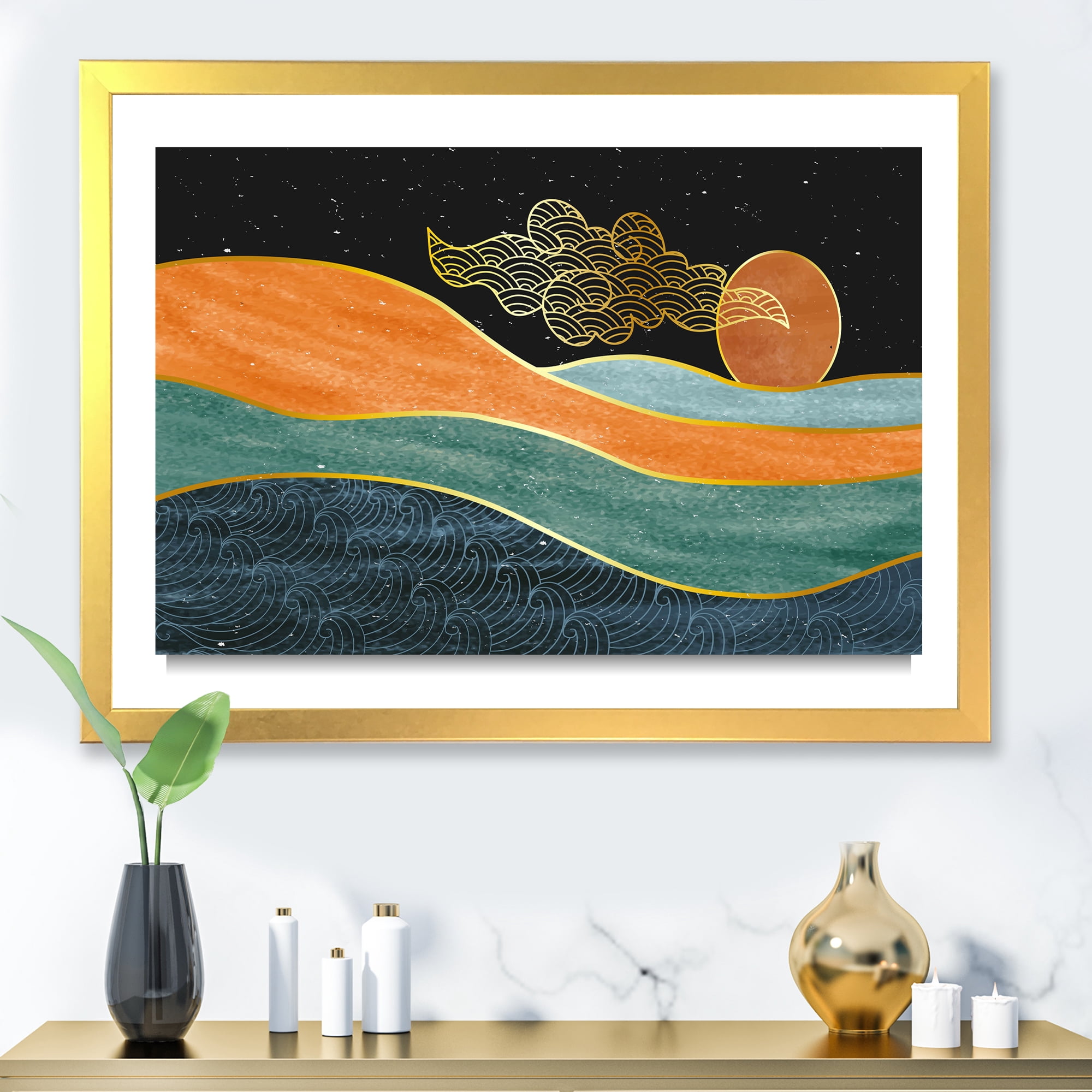 Designart 'Abstract Nature Sea Sun Sky Mountain Landscape' Modern Framed Art Print