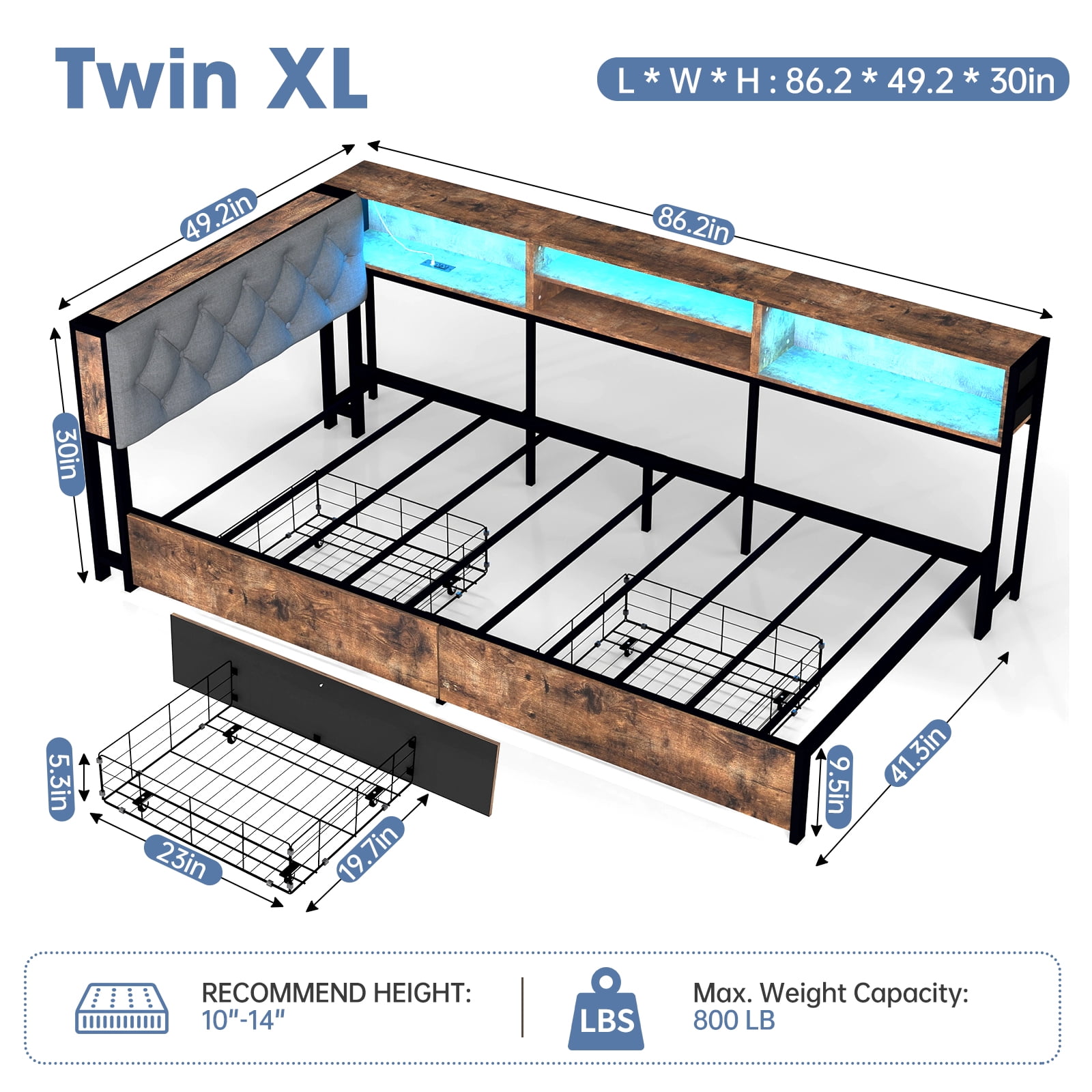 Leumius Twin XL Size Corner Daybed Frame, Upholstered Headboard with Bookcase Storage, 2 Drawers LED Lights & Charging Station, Noise‑Free Metal Bed Frame Brown