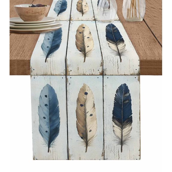 Farmhouse Feather Table Runner 70 Inches, Watercolor Vintage Wooden Grain Bed Runner Dresser Scarves Tabletop for Indoor Outdoor Parties/Ceremony/Banquet, 13" x 70"