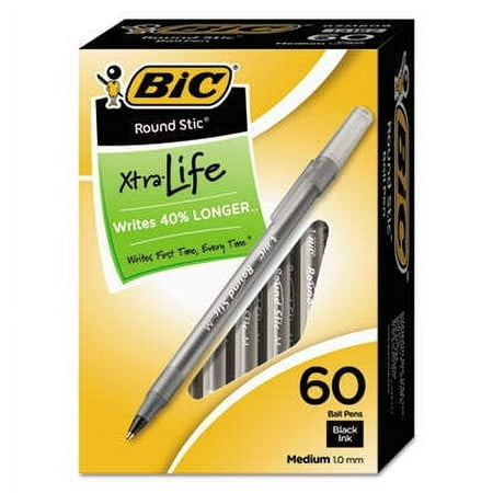 2PK BIC Round Stic Xtra Life Ballpoint Pen Value Pack, Stick, Medium 1 mm, Black Ink, Smoke Barrel, 60/Box (GSM609BK)