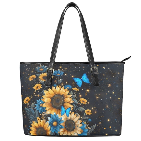 ZUXONGSY Sunflower Butterfly Galaxy Print Top Handle Bag for Women PU Leather Travel Purse Fashion Laptop Tote Bag with Zippered for Travel Shopping