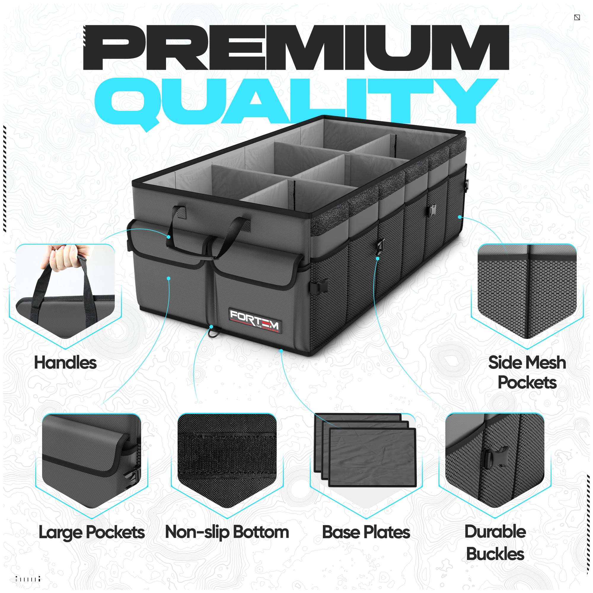 FORTEM Car Trunk Organizer, Collapsible Multi Compartment SUV Organizer, Foldable Storage for Car Accessories for Women Men, 600D Oxford, Non Slip Bottom, Securing Straps, Soft Cover (85L)