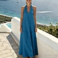 thumbnail image 5 of Wovilon Women's Halter Neck Sleeveless Maxi Dress, V-Neck Solid Color Flowy A-Line Long Summer Tunic, Lightweight Cotton Linen Blend Beach Vacation Casual Cover Up, 5 of 7