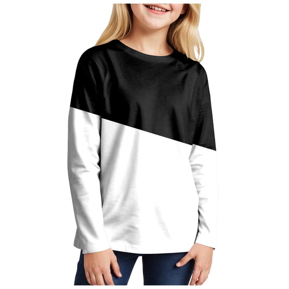 Povozer Toddler Girl Long Sleeve Rib Ruffle T-Shirt Toddler T Shirts,Comfortabl Soft Stylish Color Blocked Long Sleeved Top For Girls,Size 7-8 Years,Black