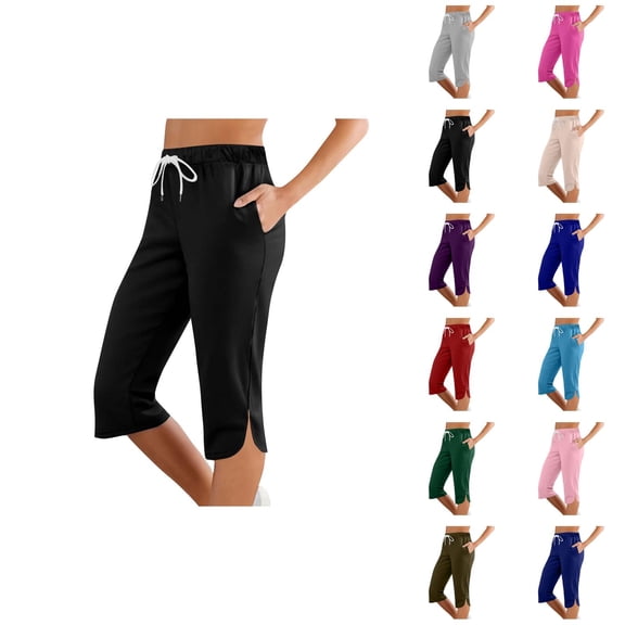 Capri Pants for Women Summer Casual Lightweight Elastic Mid Waist Slim Fit Straight Leg Cropped Sweatpants with Pockets