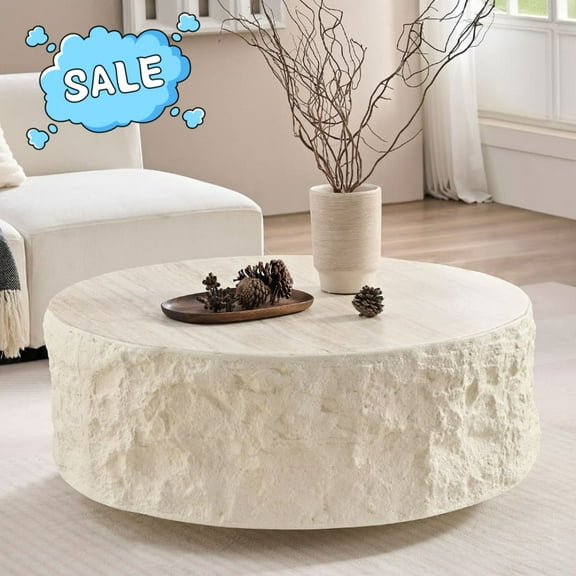 Tcbosik 35.43 inch Imitation Stone Coffee Table, Round Cocktail Table, Modern Center Table for Living Room, No Assembly Required, Beige