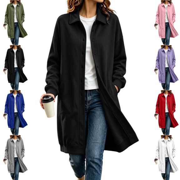 TGSLY Women's Long Button Down Sweatshirt Lightweight Collared Long Sleeve Cardigan Coat Relaxed Casual Solid Color Fall Winter Jacket with Pockets XXL