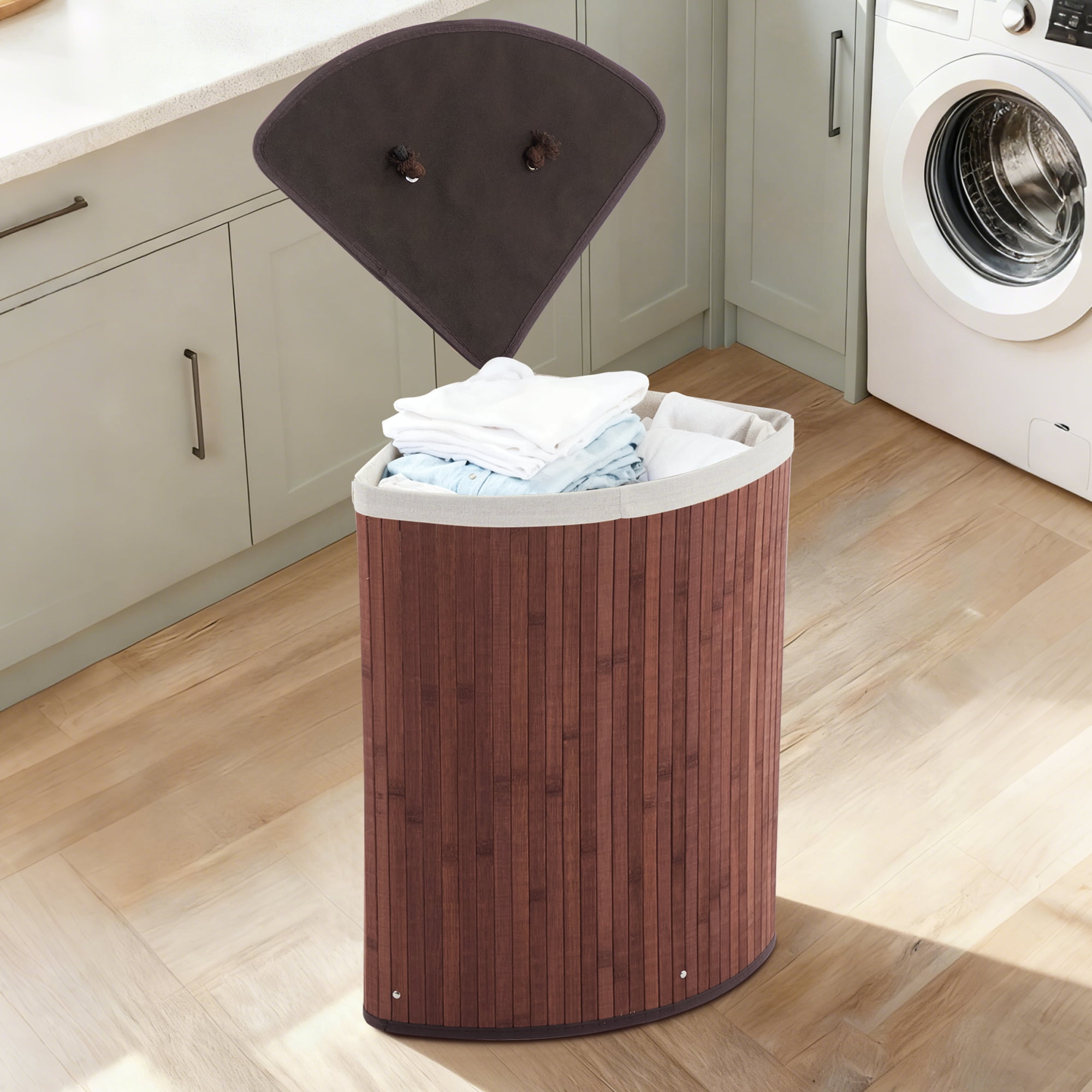 Corner Laundry Hamper with Lid, 19 Gallon/73 Liter Large Foldable Bamboo Laundry Basket with Washable Liner Bag, Wicker Clothes Hamper for Bedrooms Bathrooms Apartments, Brown