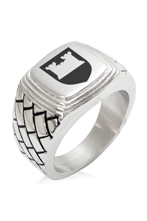 Stainless Steel Castle Protection Coat of Arms Shield Geometric Pattern Step-Down Biker Style Polished Ring