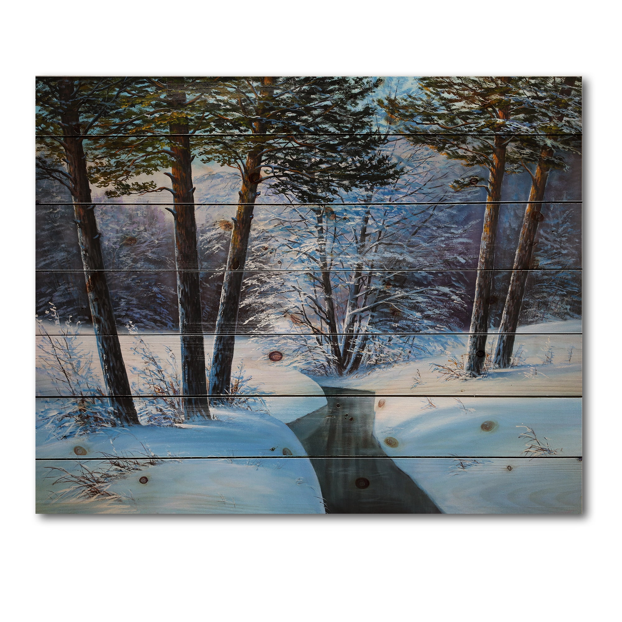 Designart 'Christmas Forest With Trees and River III' Traditional Print on Natural Pine Wood