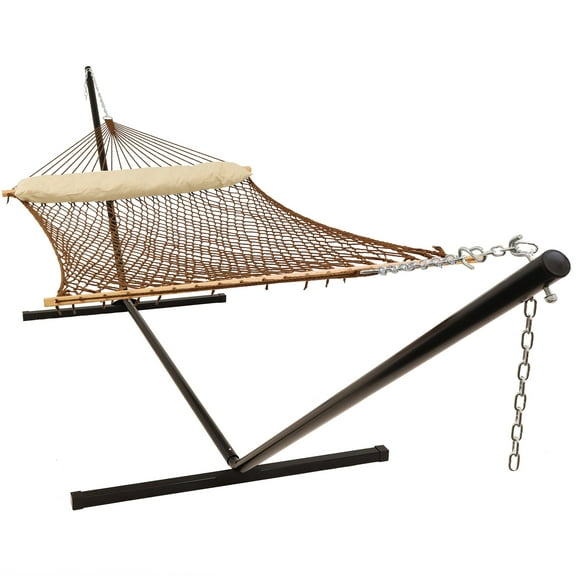 Sunnydaze 2-Person Polyester Rope Spreader Bar Hammock with Stand, 400 lb Capacity - Brown