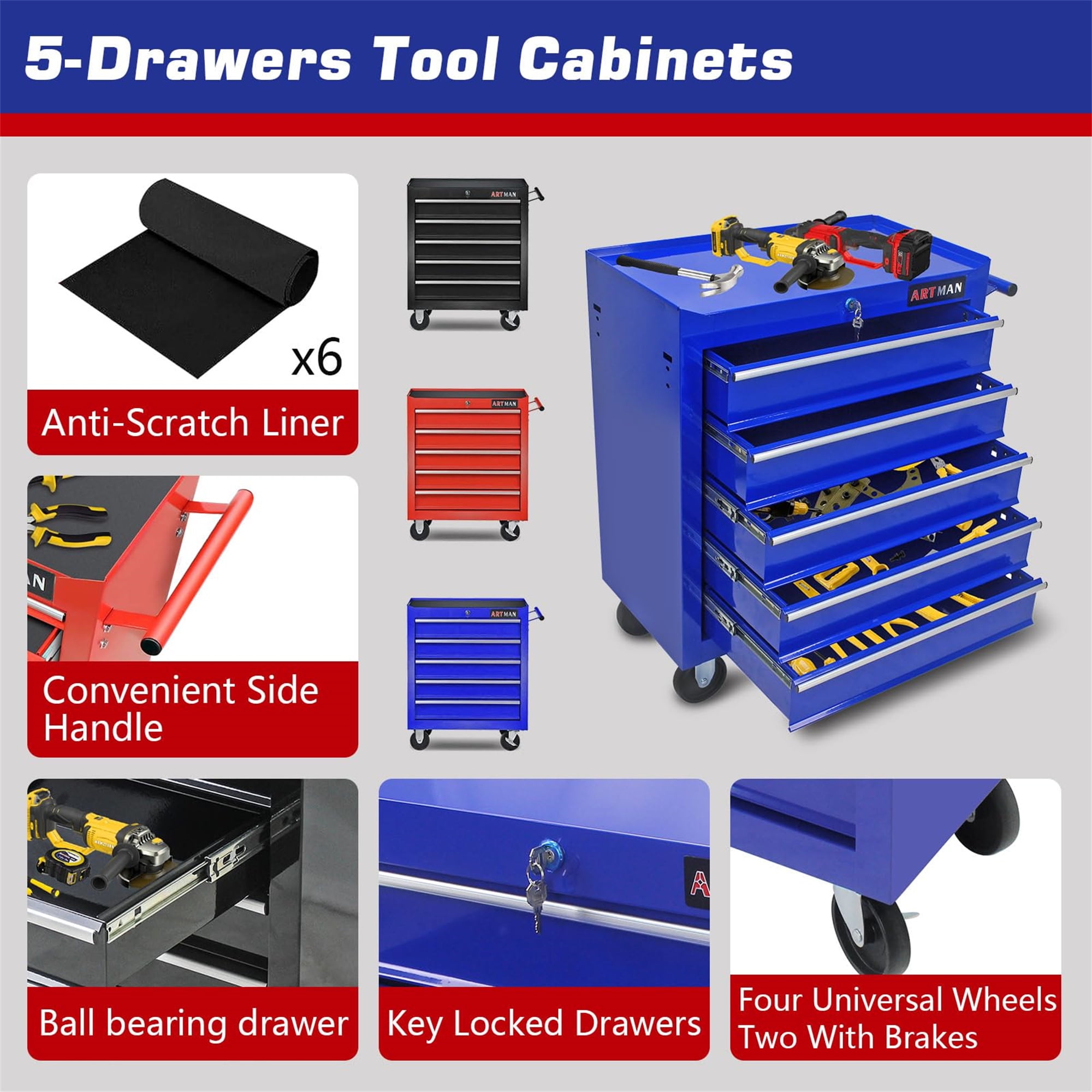Aukfa Tool Chest, 5-Drawer Steel Rolling Tool Box on Wheels for Workshop Garage, Blue