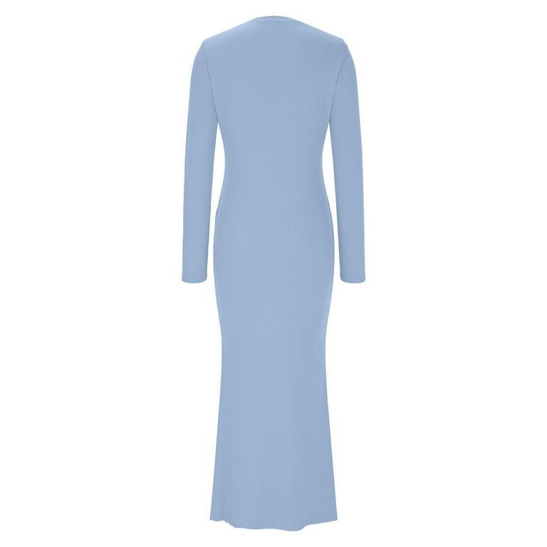sachin and babi light blue dress qolati Holiday Dresses for Women Trendy Stretchy Solid Crew Neck Lounge  Long Dress Elegant Long Sleeve Bodycon Maxi Dresses