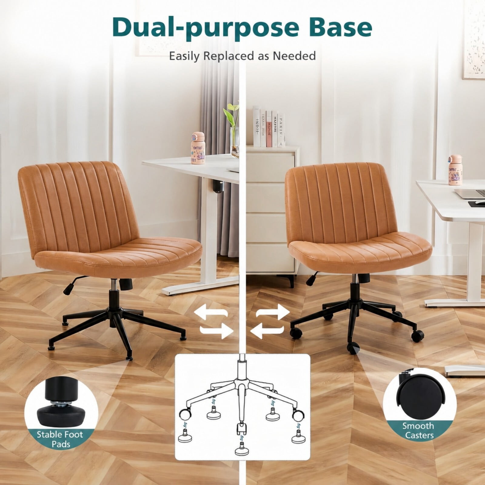 Kelno Armless Criss Cross Office Chair with Wheels 300lb Capacity Wide Seat Cross Legged Desk Chair Height Adjustable Swivel Vanity Chair, Brown PU