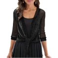 thumbnail image 3 of Women Shrugs for Evening Dresses 3/4 Sleeve Glitter Sheer Tie Front Party Lightweight Bolero Shrug Beach Cover Up Black One Size, 3 of 4