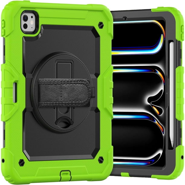 Funda para iPad Pro de 11 pulgadas (M4) 5.ª generación 2024, funda protectora resistente a los golpes con protector de pantalla, soporte giratorio de 360°, correa para mano/hombro