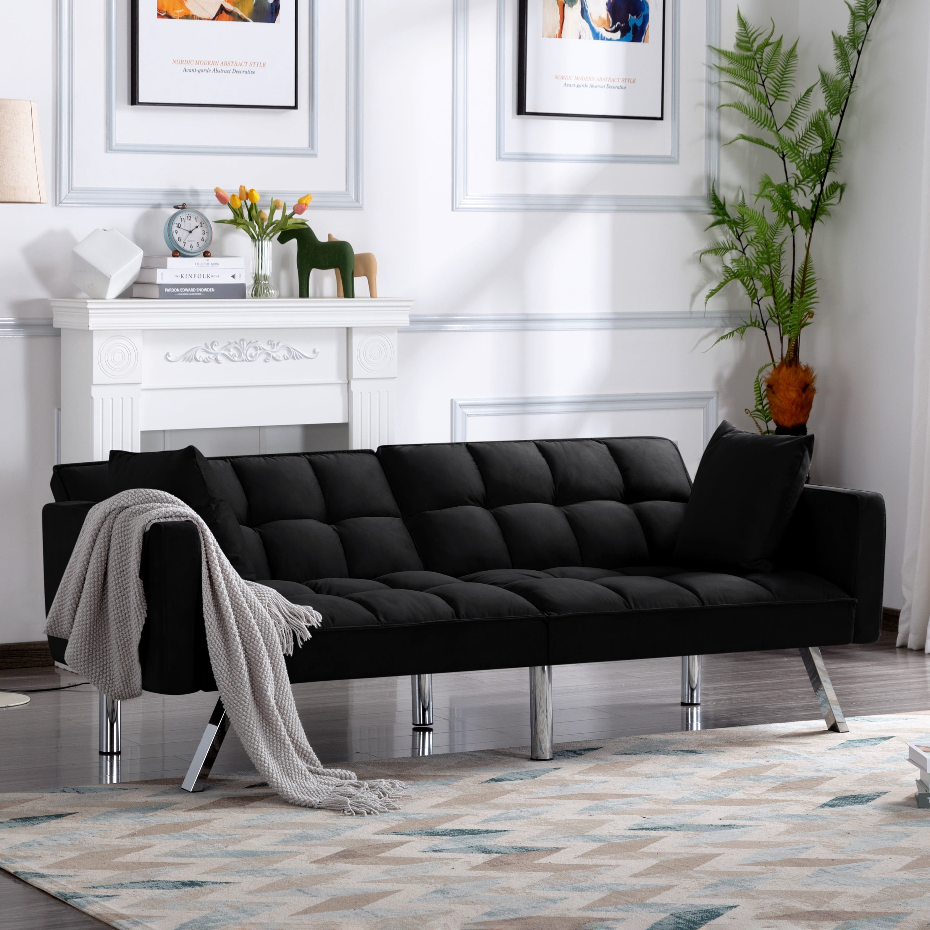 BSHTI 74” Twin Size Futon Sofa Bed,Square-tufted Upholstery Futon Sleeper,Velvet Fabric Sleeper Sofa,for Home,Office,and Guest Room,Black