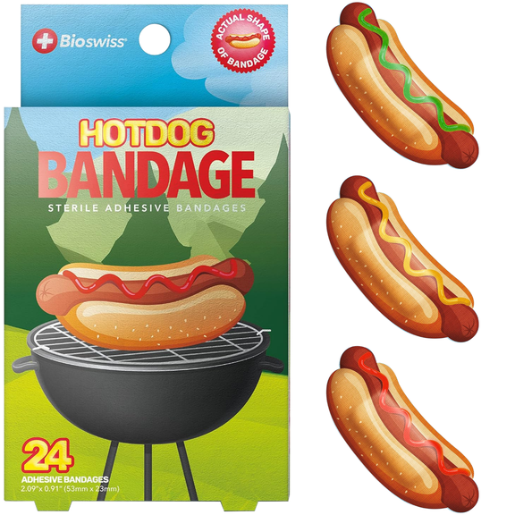 BioSwiss Bandages, Hot Dog Shaped Self Adhesive Bandages, Latex Free Sterile Wound Care, Fun First Aid Kit Supplies for Kids and Adults, 24 Count